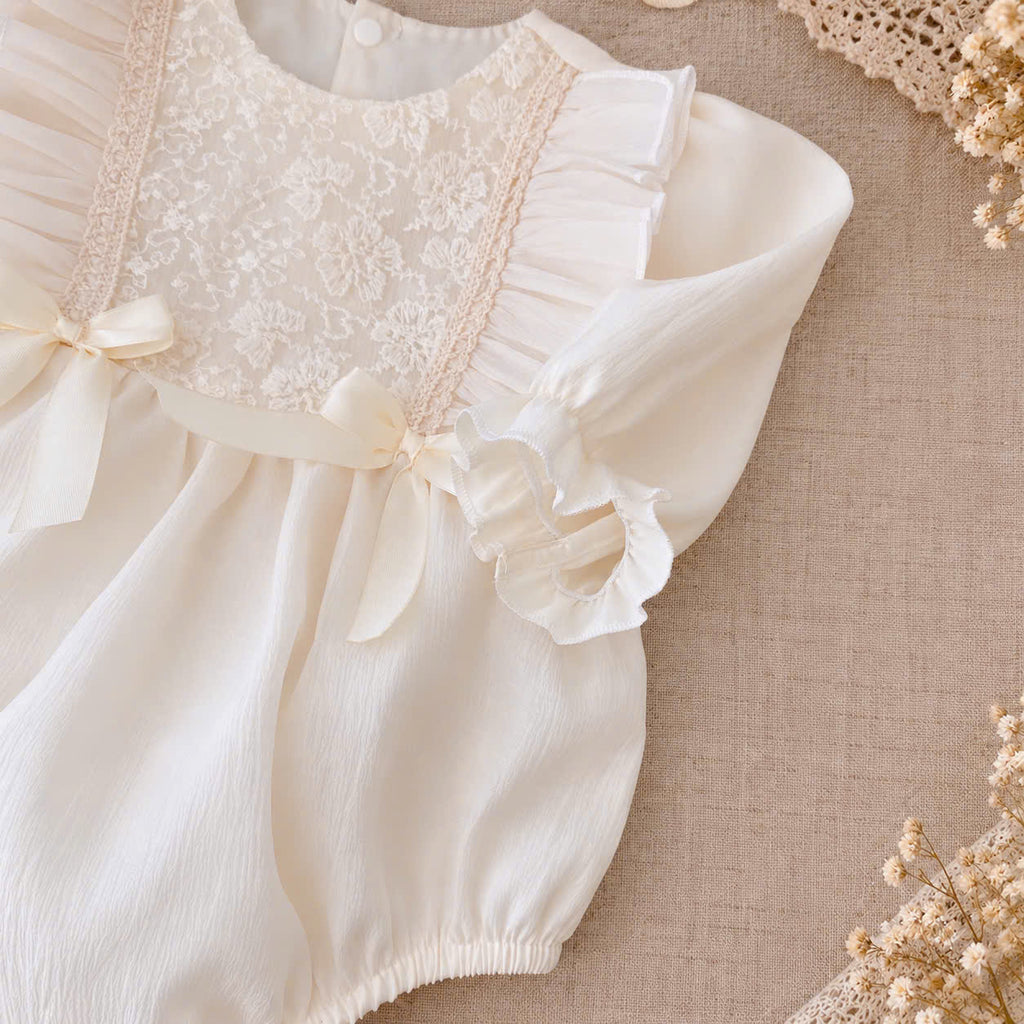 Cream Silk Baby Romper & Ruffle Bonnet Set Newborn–6 Months | Baby Girl Lace Romper | Christening & Special Occasion Outfit