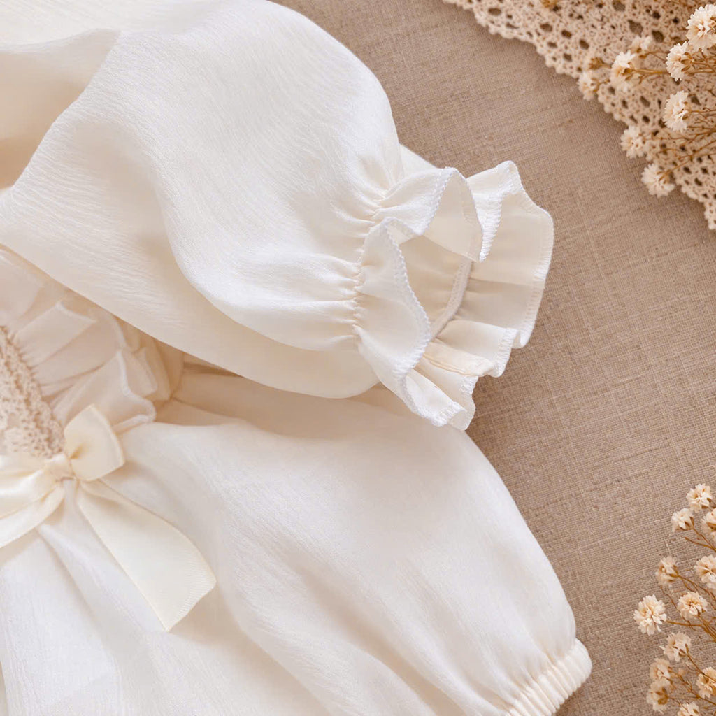 Cream Silk Baby Romper & Ruffle Bonnet Set Newborn–6 Months | Baby Girl Lace Romper | Christening & Special Occasion Outfit