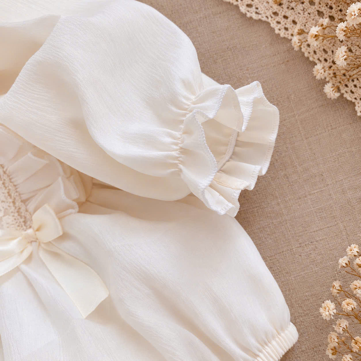 Cream Silk Baby Romper & Ruffle Bonnet Set Newborn–6 Months | Baby Girl Lace Romper | Christening & Special Occasion Outfit