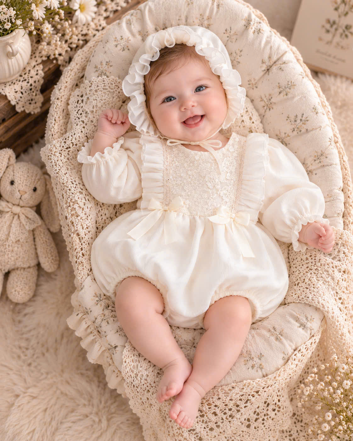 Cream Silk Baby Romper & Ruffle Bonnet Set Newborn–6 Months | Baby Girl Lace Romper | Christening & Special Occasion Outfit