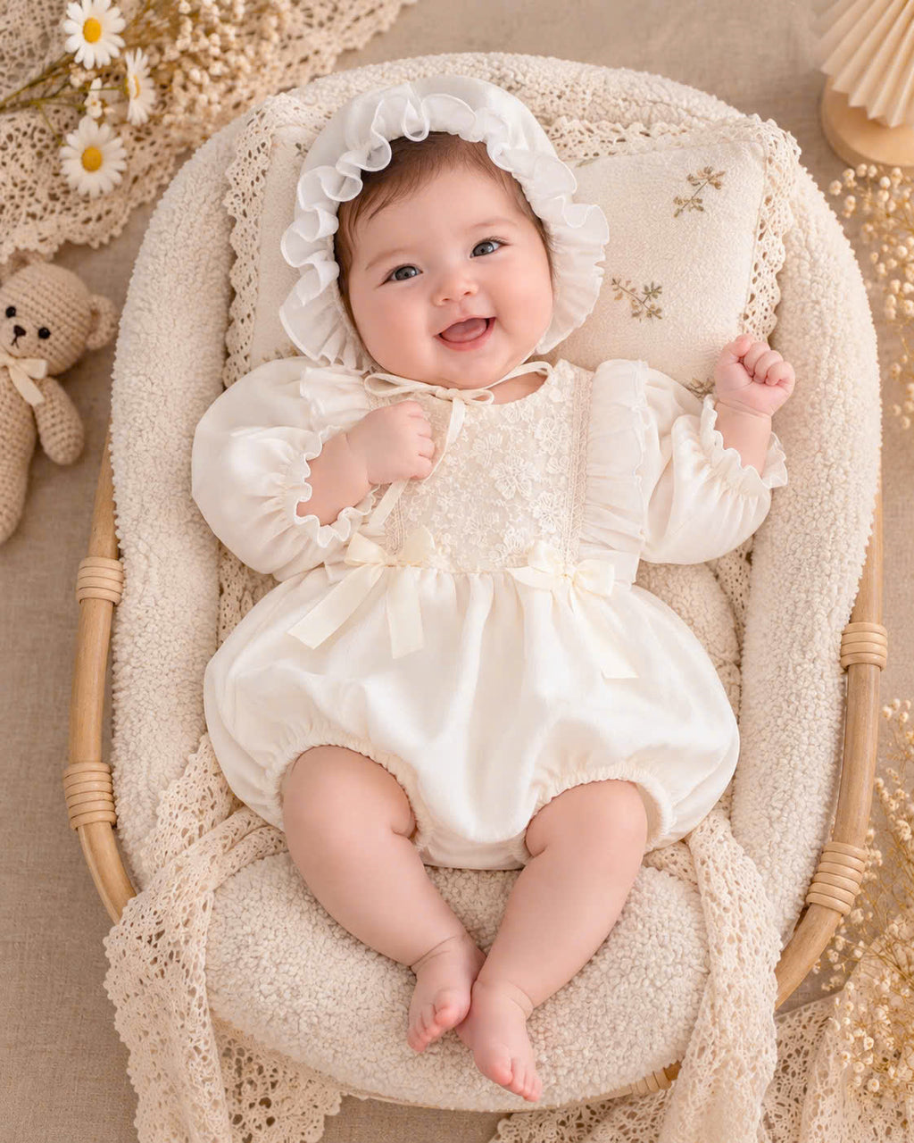 Cream Silk Baby Romper & Ruffle Bonnet Set Newborn–6 Months | Baby Girl Lace Romper | Christening & Special Occasion Outfit