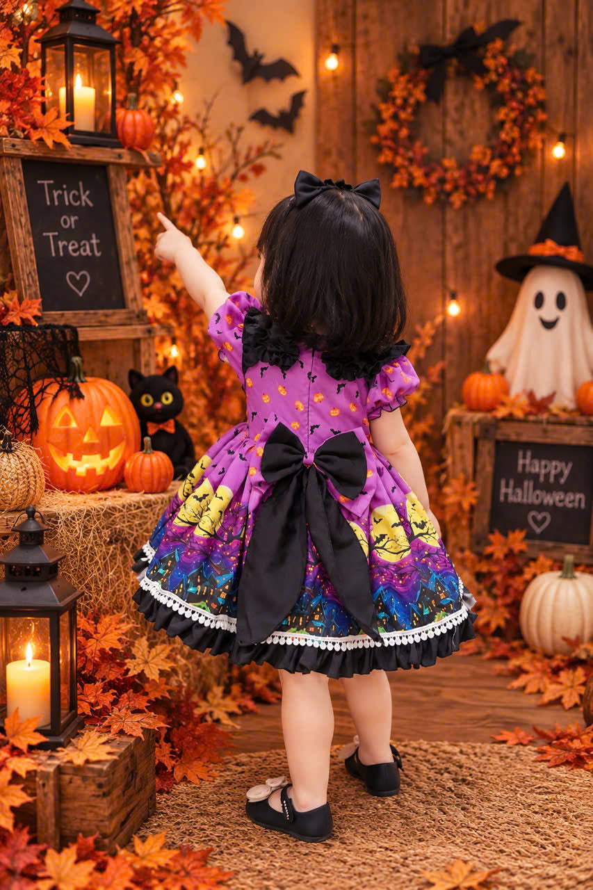 Purple Witch Halloween Dress 6 Months–5 Years | Girls Spooky Bat & Moon Dress | Toddler Halloween Costume & Party Outfit