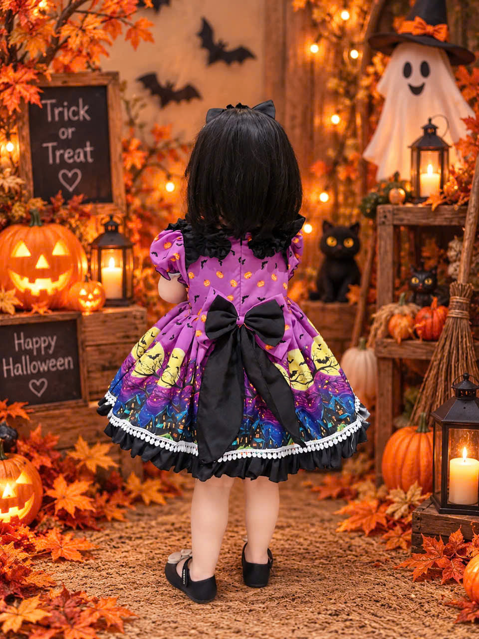 Purple Witch Halloween Dress 6 Months–5 Years | Girls Spooky Bat & Moon Dress | Toddler Halloween Costume & Party Outfit