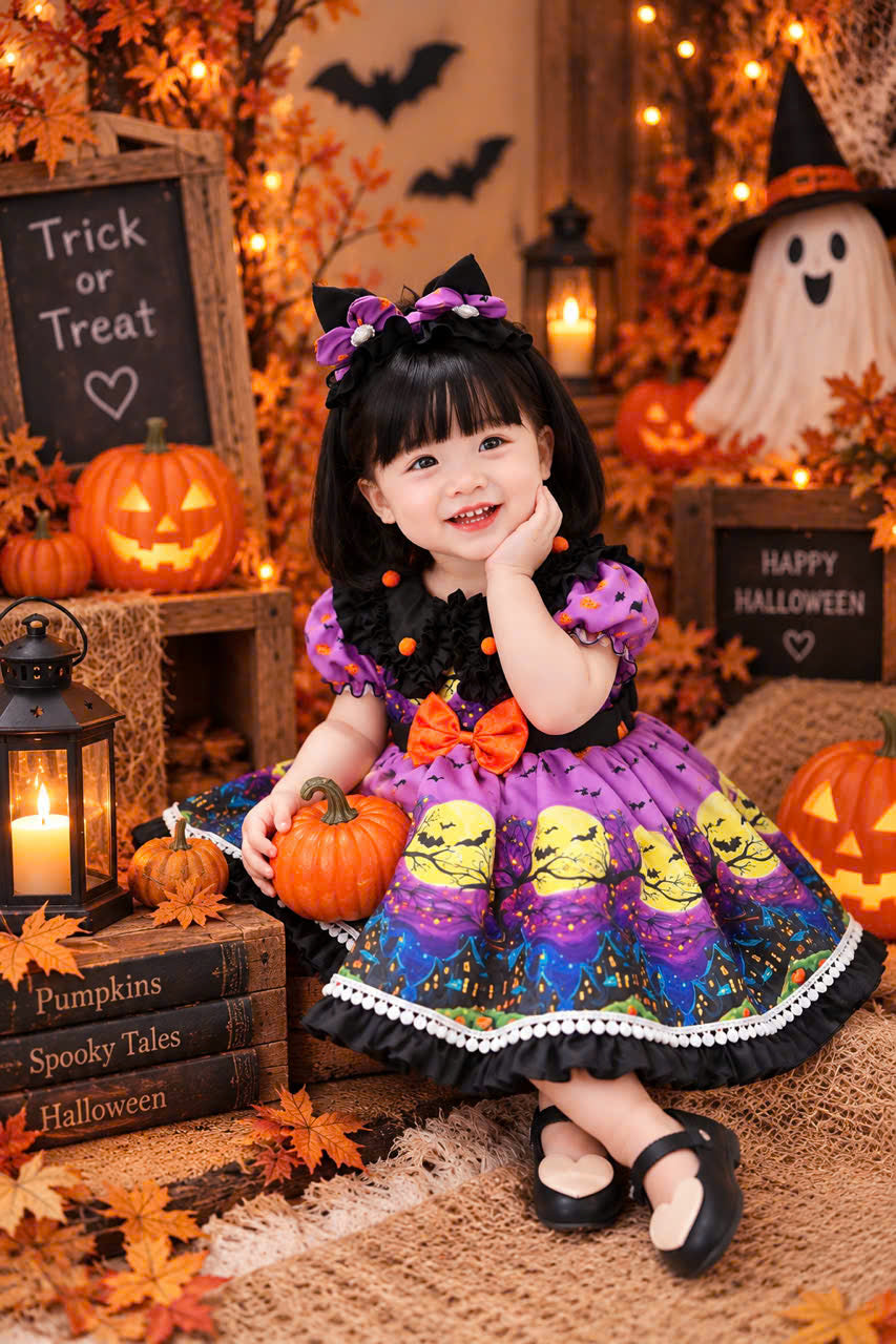 Purple Witch Halloween Dress 6 Months–5 Years | Girls Spooky Bat & Moon Dress | Toddler Halloween Costume & Party Outfit