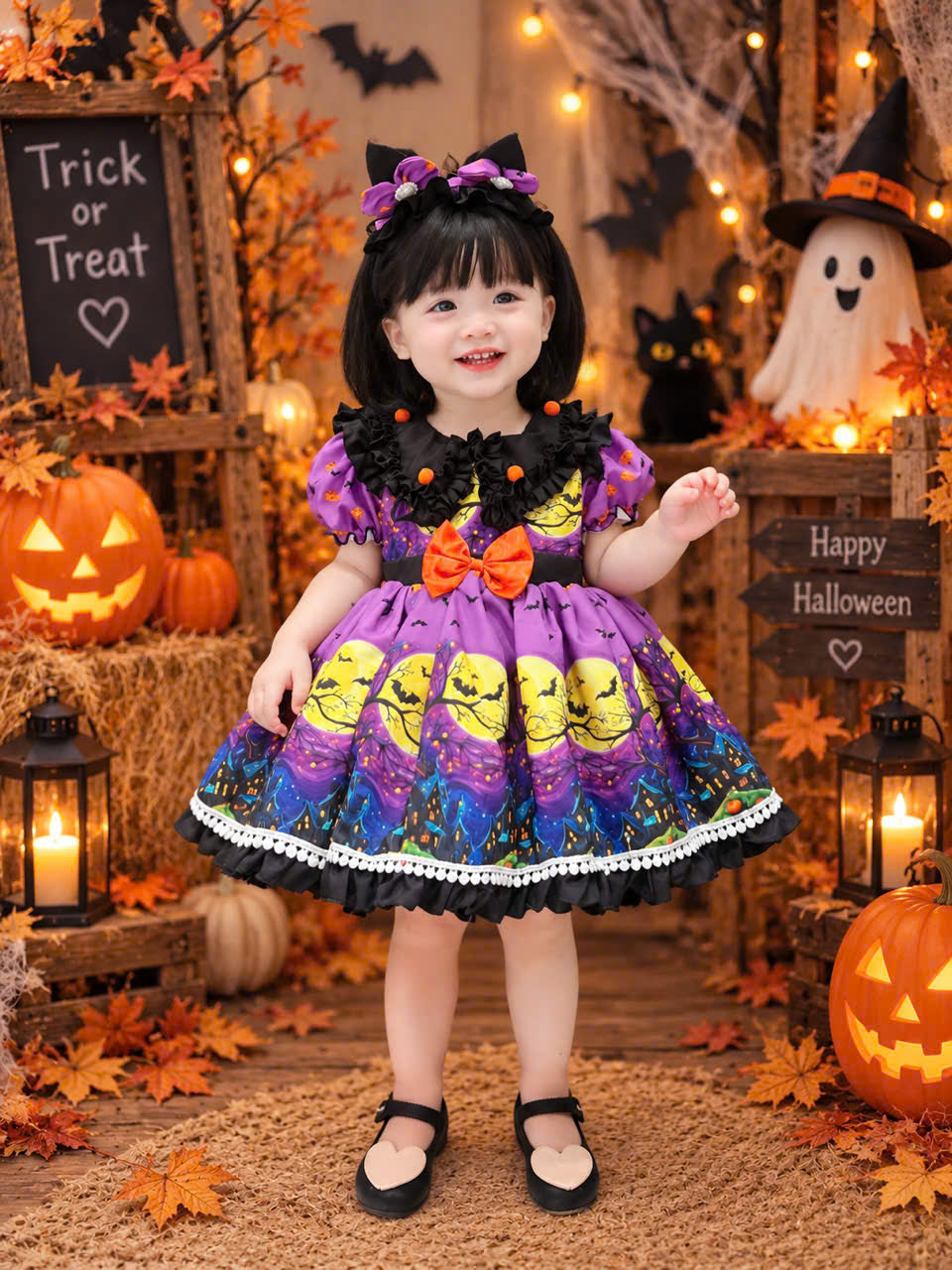 Purple Witch Halloween Dress 6 Months–5 Years | Girls Spooky Bat & Moon Dress | Toddler Halloween Costume & Party Outfit