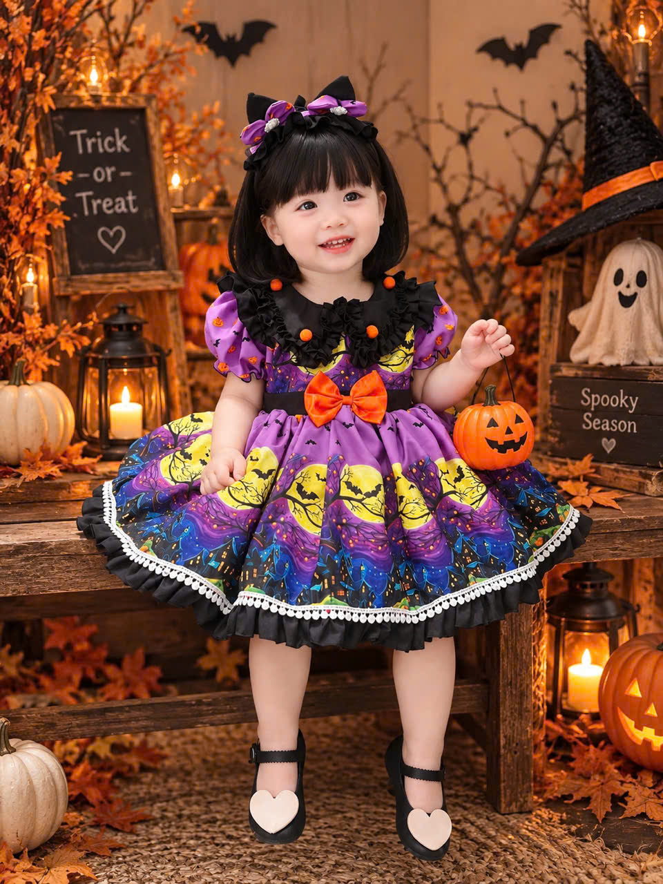 Purple Witch Halloween Dress 6 Months–5 Years | Girls Spooky Bat & Moon Dress | Toddler Halloween Costume & Party Outfit