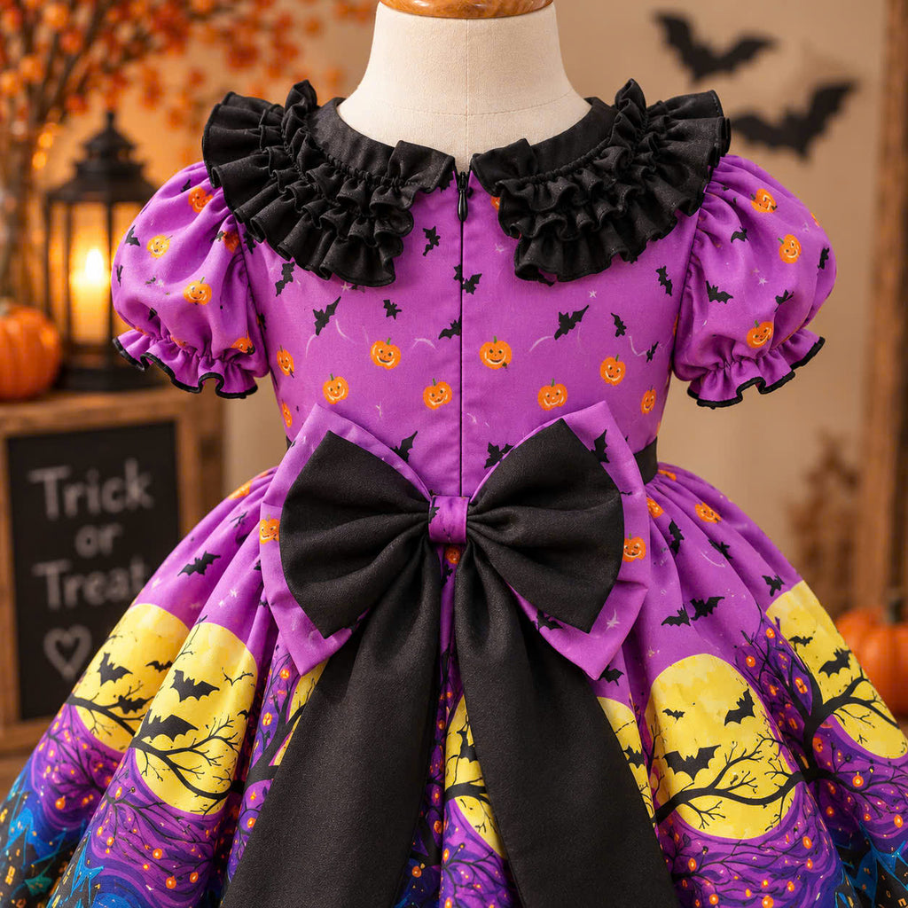 Purple Witch Halloween Dress 6 Months–5 Years | Girls Spooky Bat & Moon Dress | Toddler Halloween Costume & Party Outfit