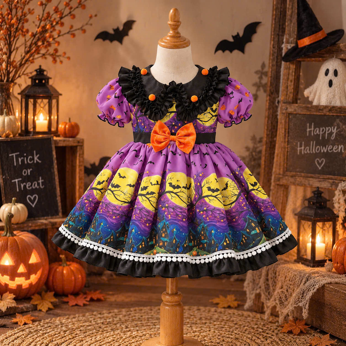 Purple Witch Halloween Dress 6 Months–5 Years | Girls Spooky Bat & Moon Dress | Toddler Halloween Costume & Party Outfit
