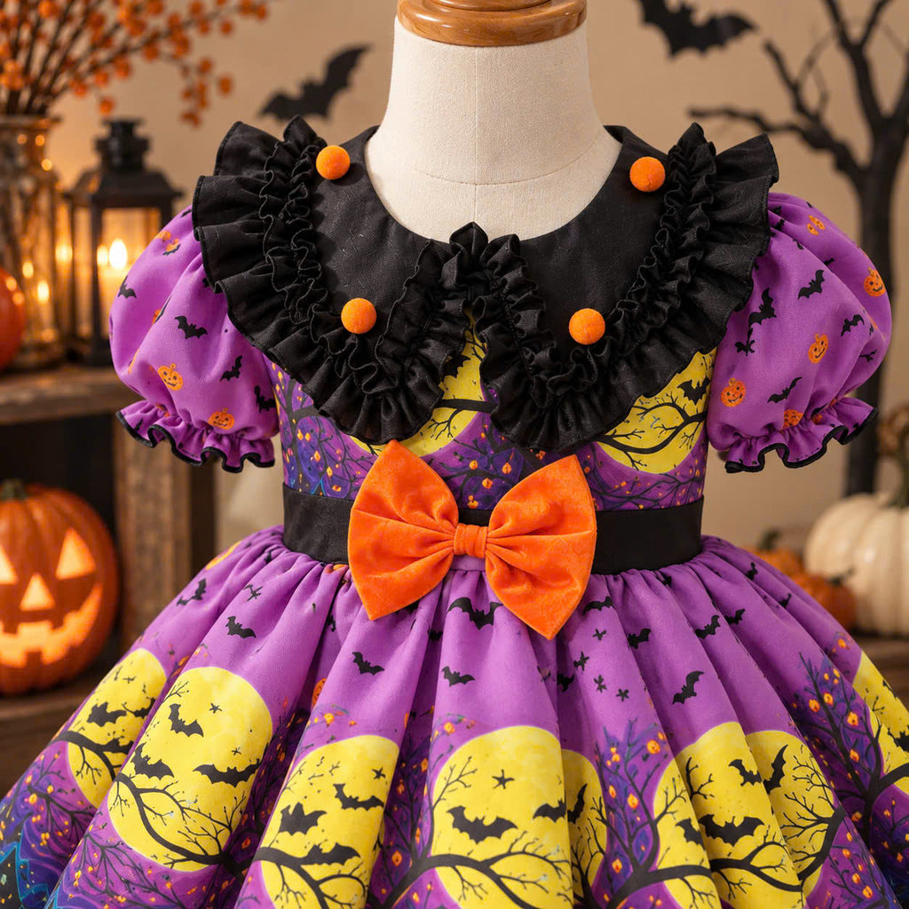 Purple Witch Halloween Dress 6 Months–5 Years | Girls Spooky Bat & Moon Dress | Toddler Halloween Costume & Party Outfit