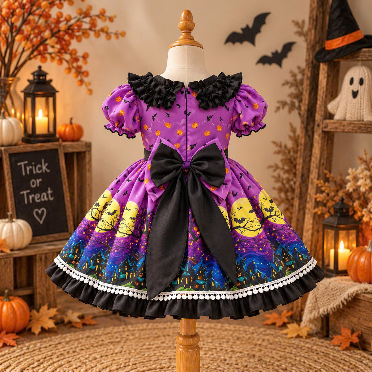 Purple Witch Halloween Dress 6 Months–5 Years | Girls Spooky Bat & Moon Dress | Toddler Halloween Costume & Party Outfit