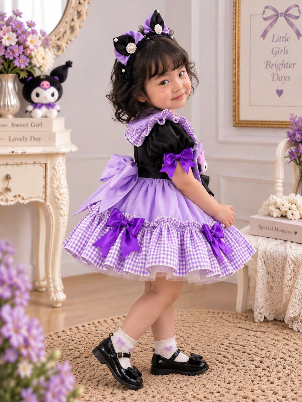 Purple Kawaii Girls Dress 3 Months–5 Years | Gothic Princess Dress | Purple Gingham Ruffle Dress | Toddler Birthday & Tea Party Outfit