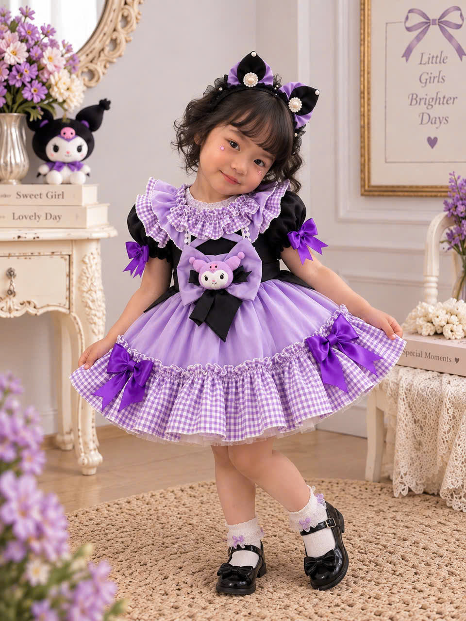Purple Kawaii Girls Dress 3 Months–5 Years | Gothic Princess Dress | Purple Gingham Ruffle Dress | Toddler Birthday & Tea Party Outfit