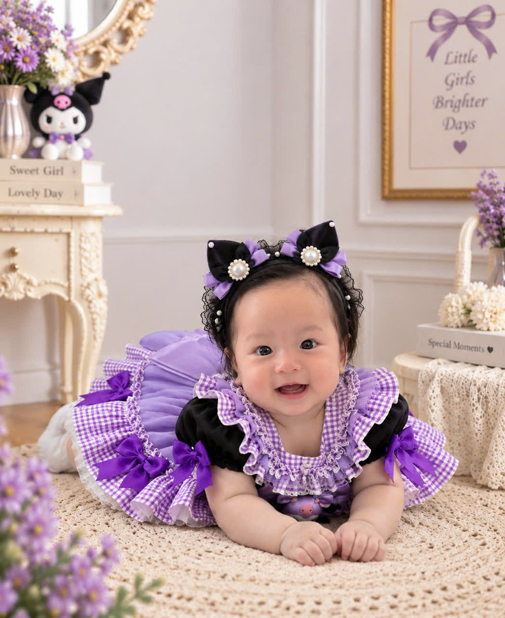 Purple Kawaii Girls Dress 3 Months–5 Years | Gothic Princess Dress | Purple Gingham Ruffle Dress | Toddler Birthday & Tea Party Outfit