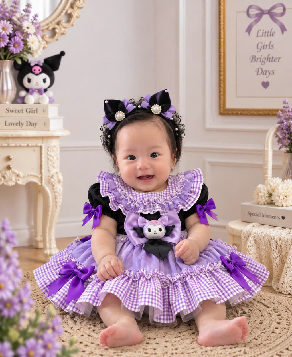 Purple Kawaii Girls Dress 3 Months–5 Years | Gothic Princess Dress | Purple Gingham Ruffle Dress | Toddler Birthday & Tea Party Outfit
