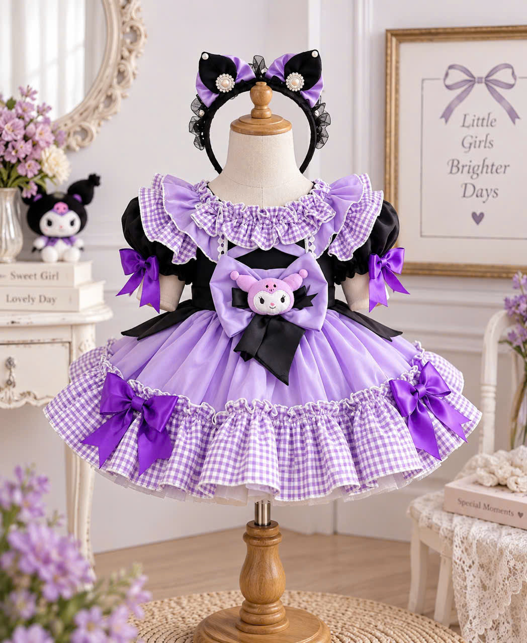 Purple Kawaii Girls Dress 3 Months–5 Years | Gothic Princess Dress | Purple Gingham Ruffle Dress | Toddler Birthday & Tea Party Outfit