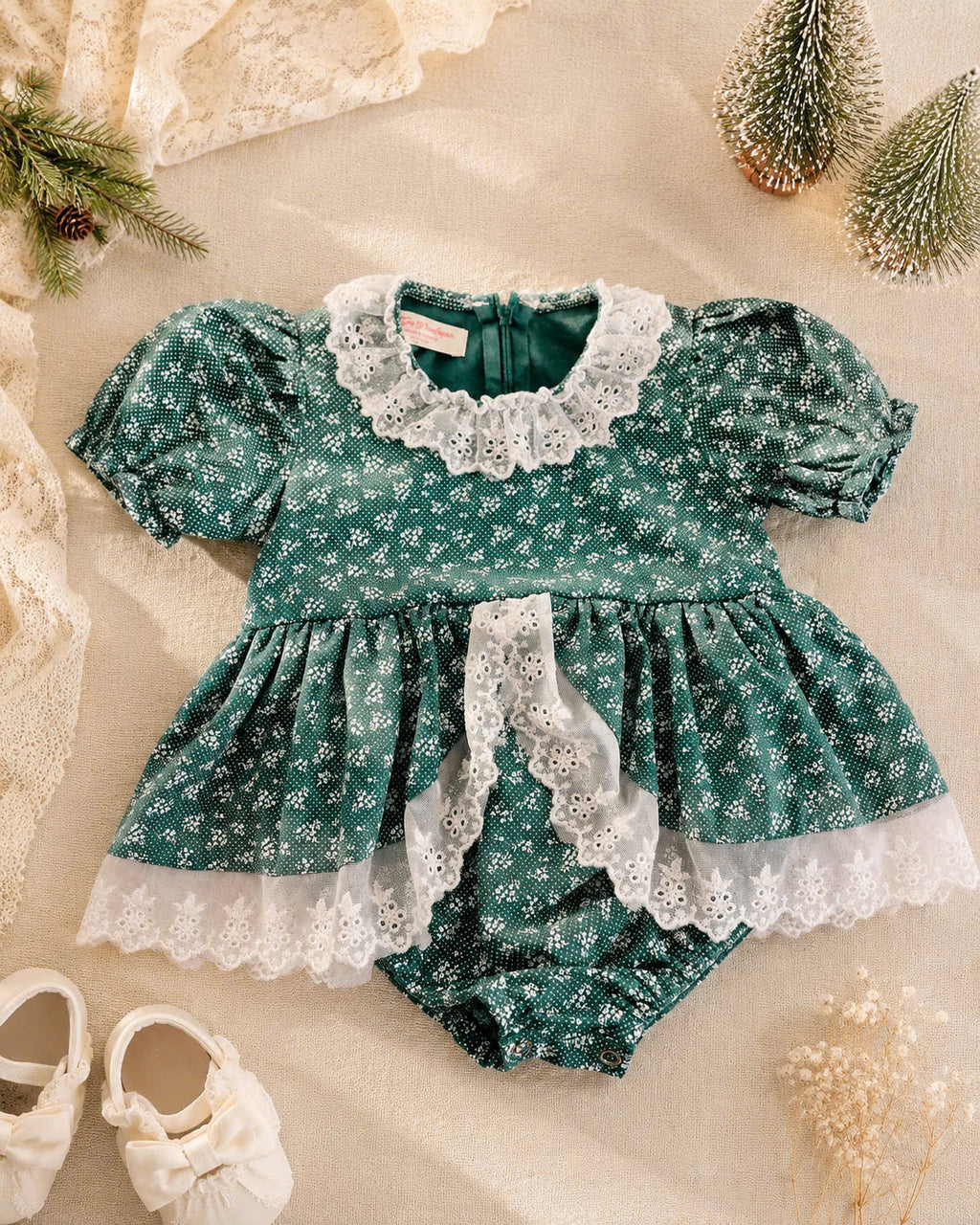 Snowflake Lace Christmas Romper 3 Months–3 Years | Baby & Toddler Girl Holiday Romper | Red or Green Christmas Outfit