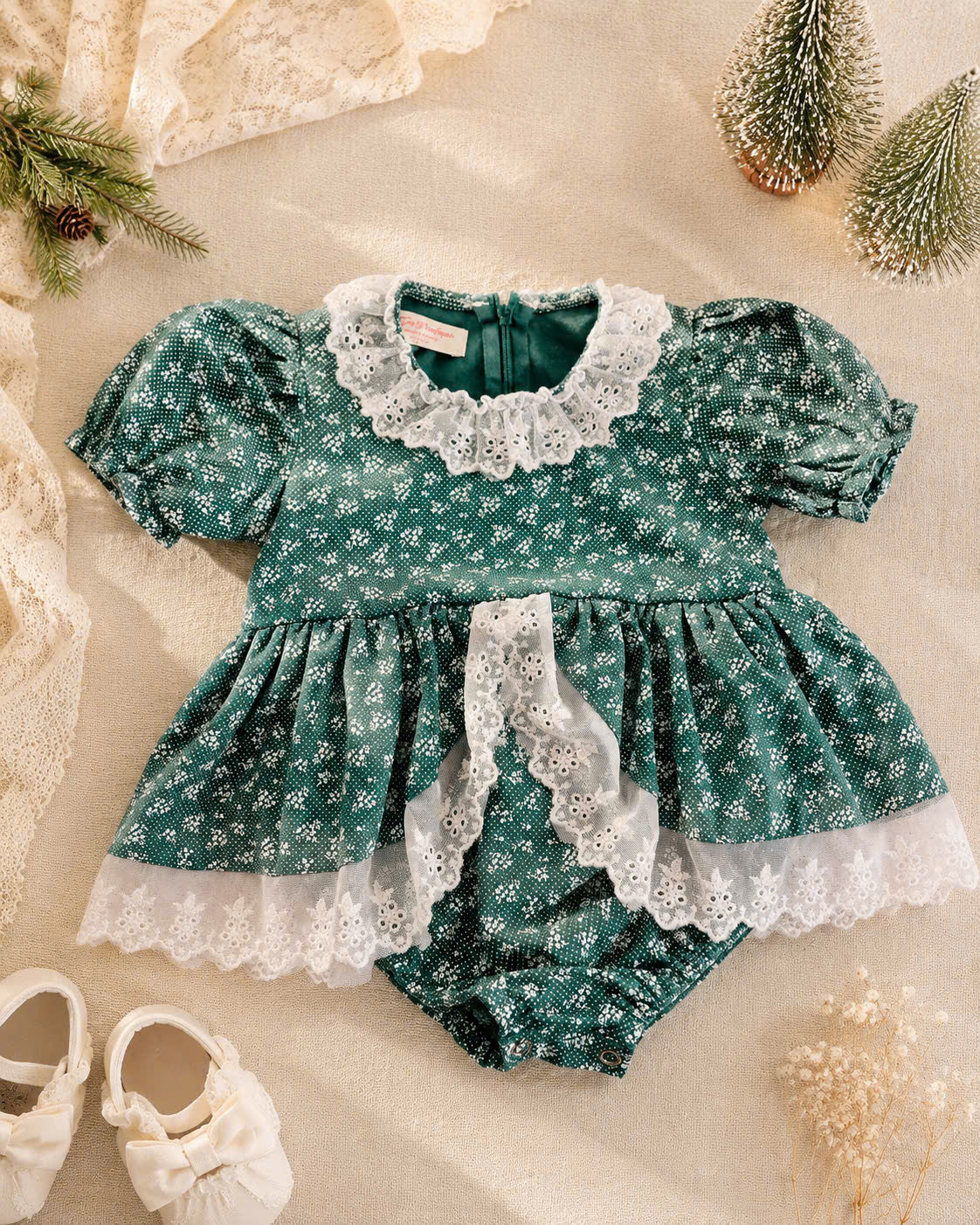 Snowflake Lace Christmas Romper 3 Months–3 Years | Baby & Toddler Girl Holiday Romper | Red or Green Christmas Outfit