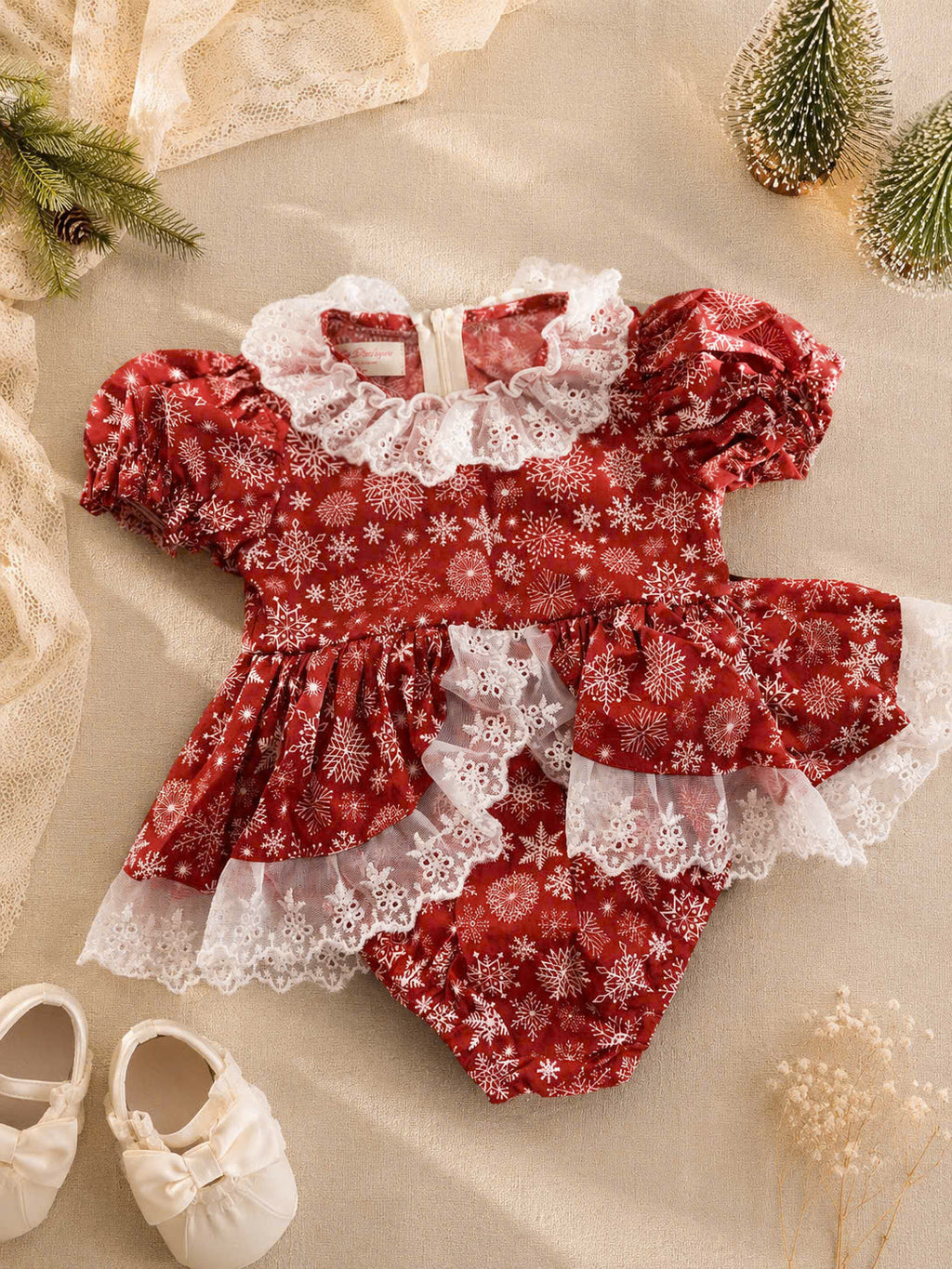 Snowflake Lace Christmas Romper 3 Months–3 Years | Baby & Toddler Girl Holiday Romper | Red or Green Christmas Outfit