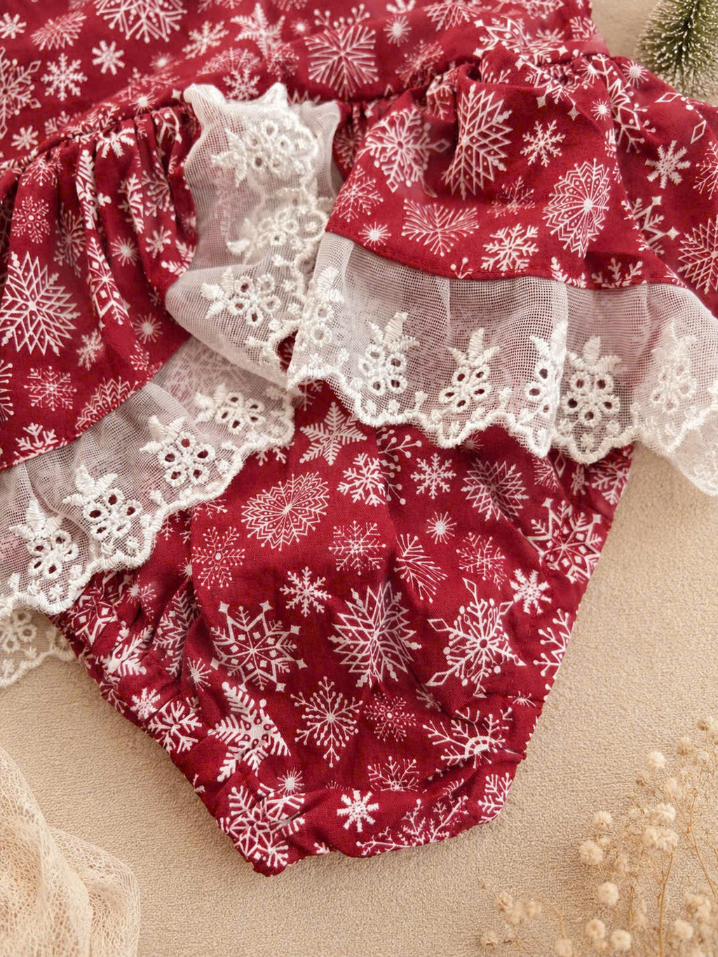 Snowflake Lace Christmas Romper 3 Months–3 Years | Baby & Toddler Girl Holiday Romper | Red or Green Christmas Outfit
