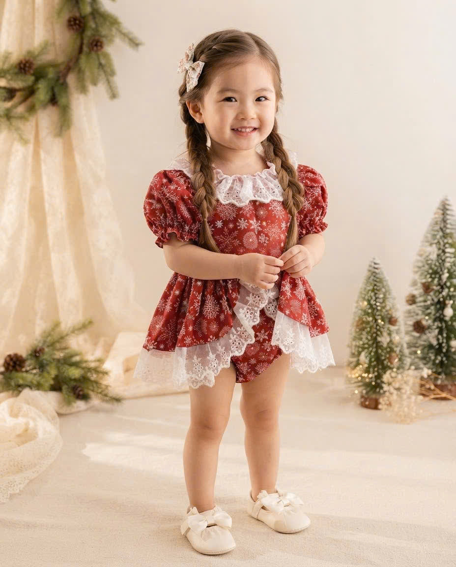 Snowflake Lace Christmas Romper 3 Months–3 Years | Baby & Toddler Girl Holiday Romper | Red or Green Christmas Outfit