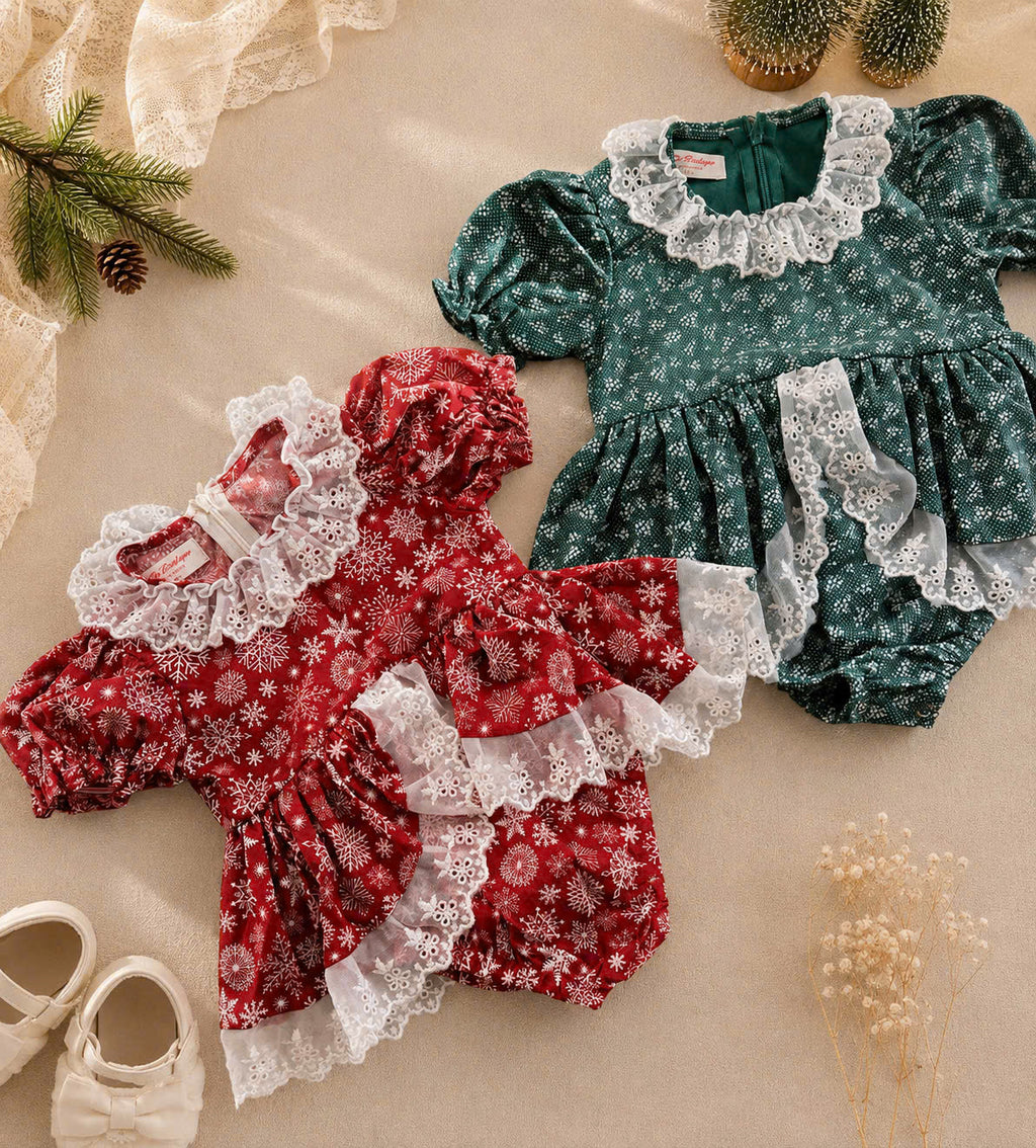 Snowflake Lace Christmas Romper 3 Months–3 Years | Baby & Toddler Girl Holiday Romper | Red or Green Christmas Outfit