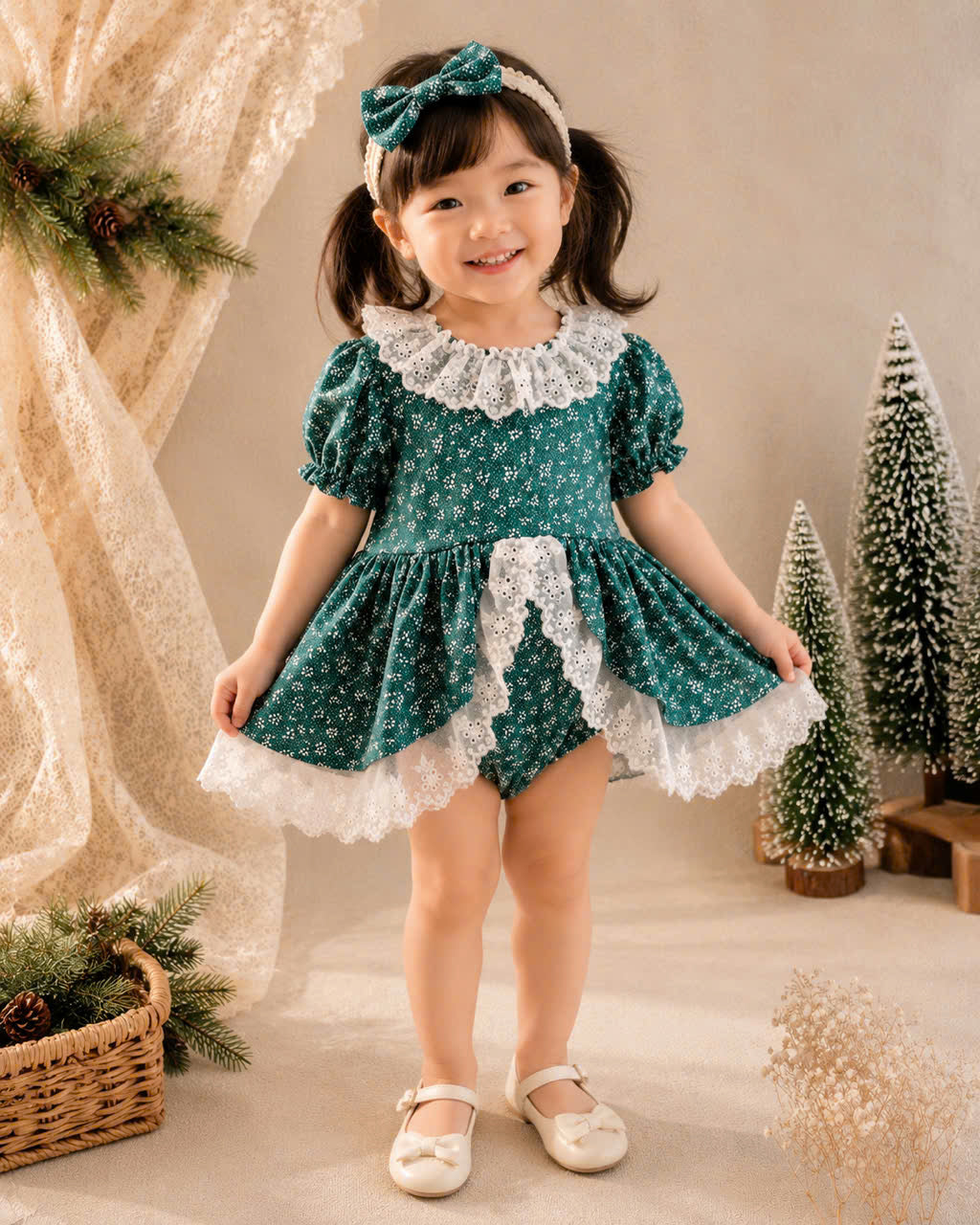 Snowflake Lace Christmas Romper 3 Months–3 Years | Baby & Toddler Girl Holiday Romper | Red or Green Christmas Outfit