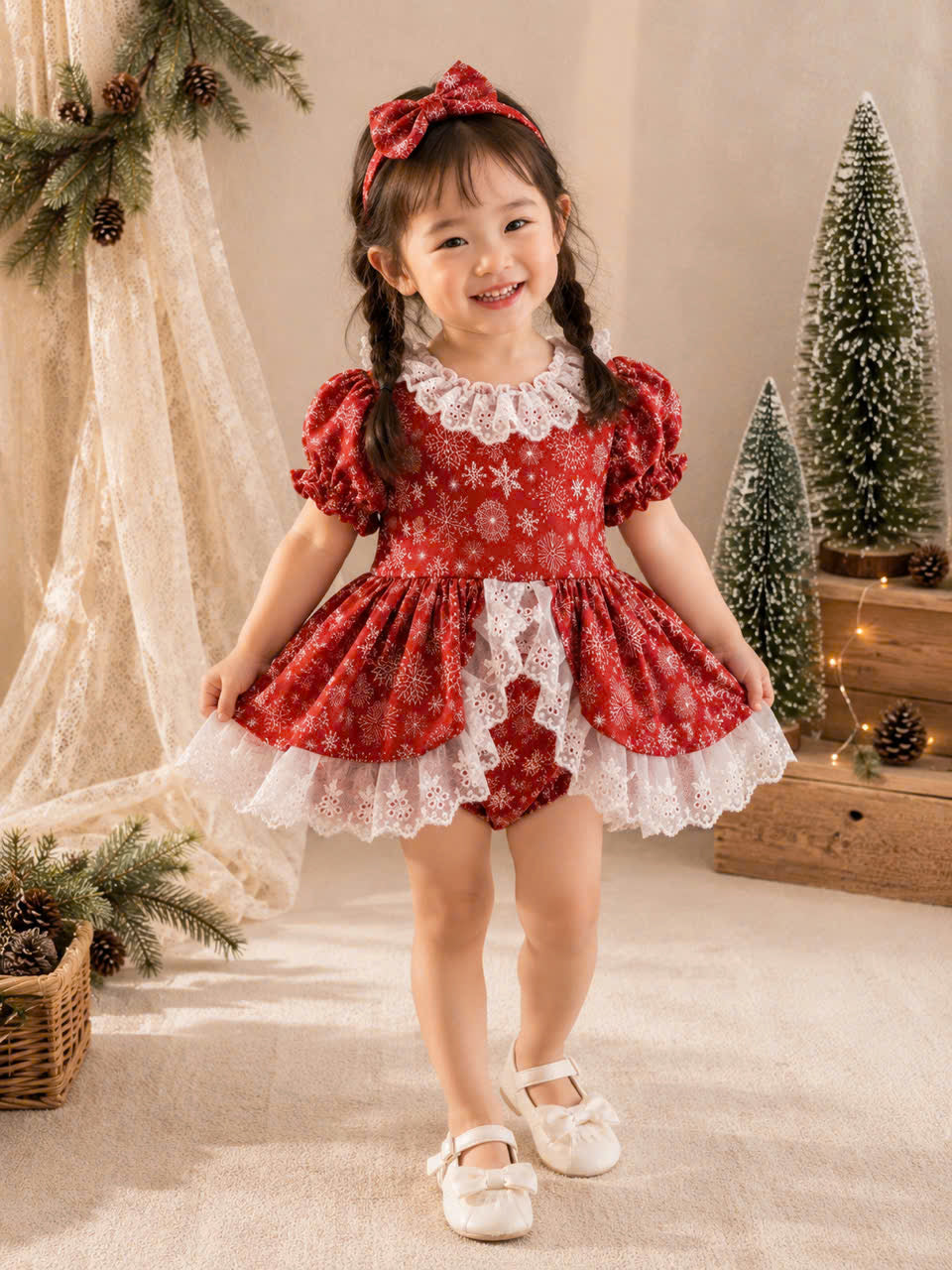 Snowflake Lace Christmas Romper 3 Months–3 Years | Baby & Toddler Girl Holiday Romper | Red or Green Christmas Outfit