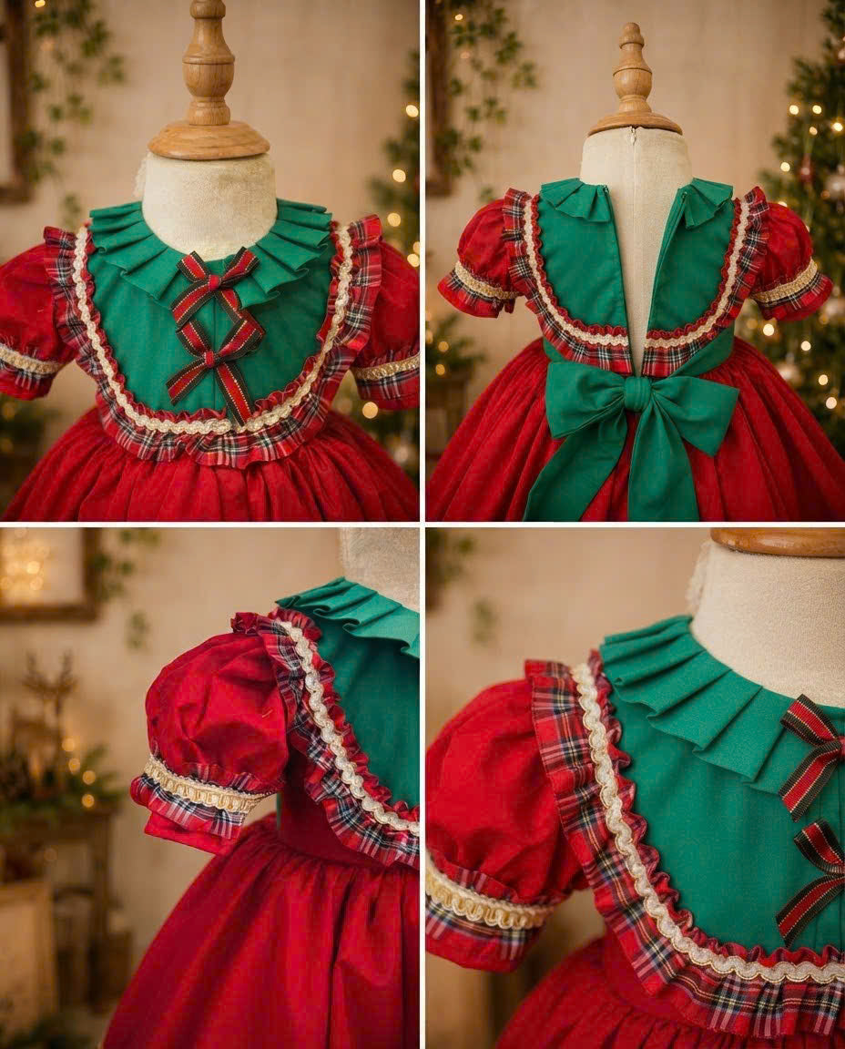 Holly Christmas Princess Dress 1–6 Years | Girls Red & Green Christmas Dress | Vintage Holiday Party & Santa Photo Outfit