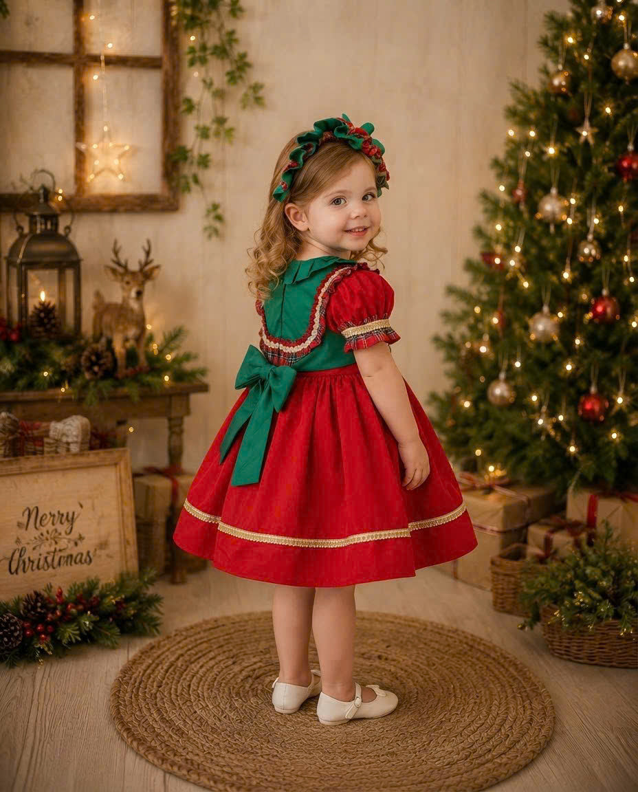 Holly Christmas Princess Dress 1–6 Years | Girls Red & Green Christmas Dress | Vintage Holiday Party & Santa Photo Outfit