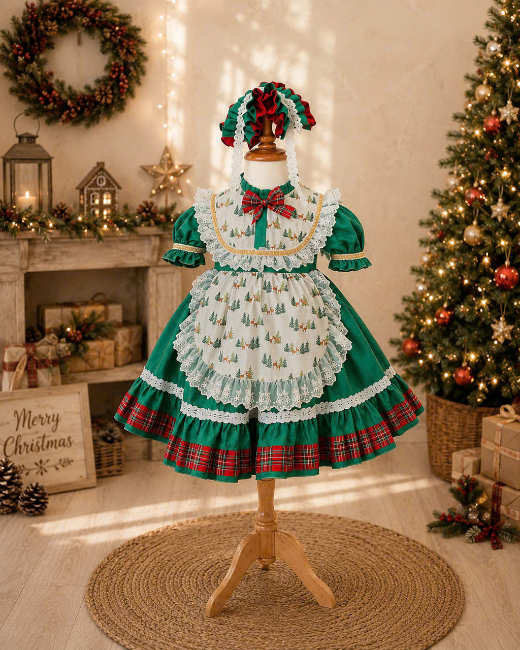 Holly Tartan Christmas Dress 1–6 Years | Girls Green Christmas Dress with Lace Apron & Matching Headband | Vintage Holiday Dress