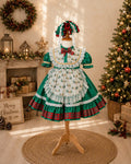 Holly Tartan Christmas Dress 1–6 Years | Girls Green Christmas Dress with Lace Apron & Matching Headband | Vintage Holiday Dress