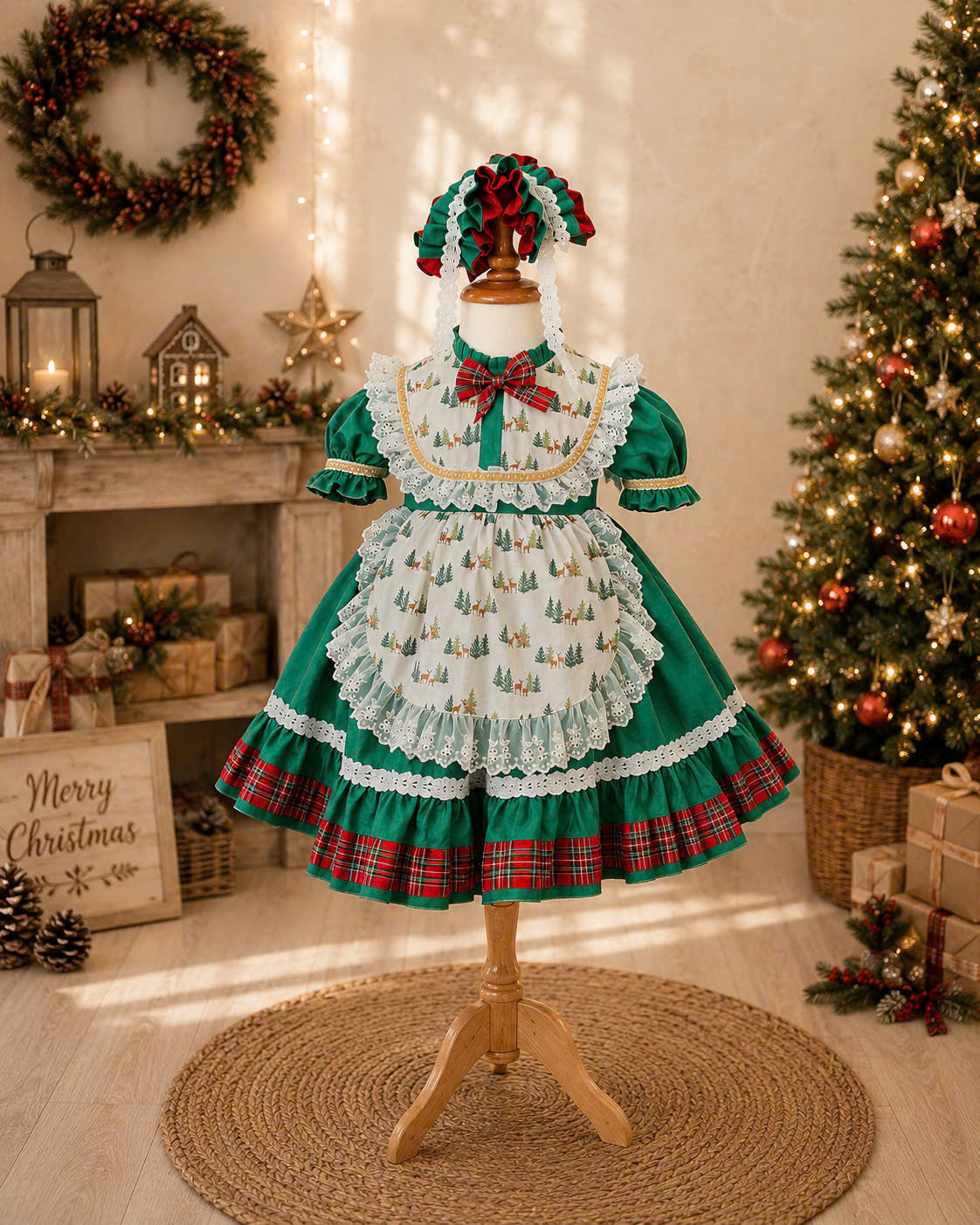 Holly Tartan Christmas Dress 1–6 Years | Girls Green Christmas Dress with Lace Apron & Matching Headband | Vintage Holiday Dress