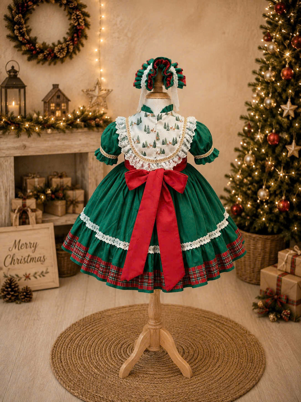 Holly Tartan Christmas Dress 1–6 Years | Girls Green Christmas Dress with Lace Apron & Matching Headband | Vintage Holiday Dress