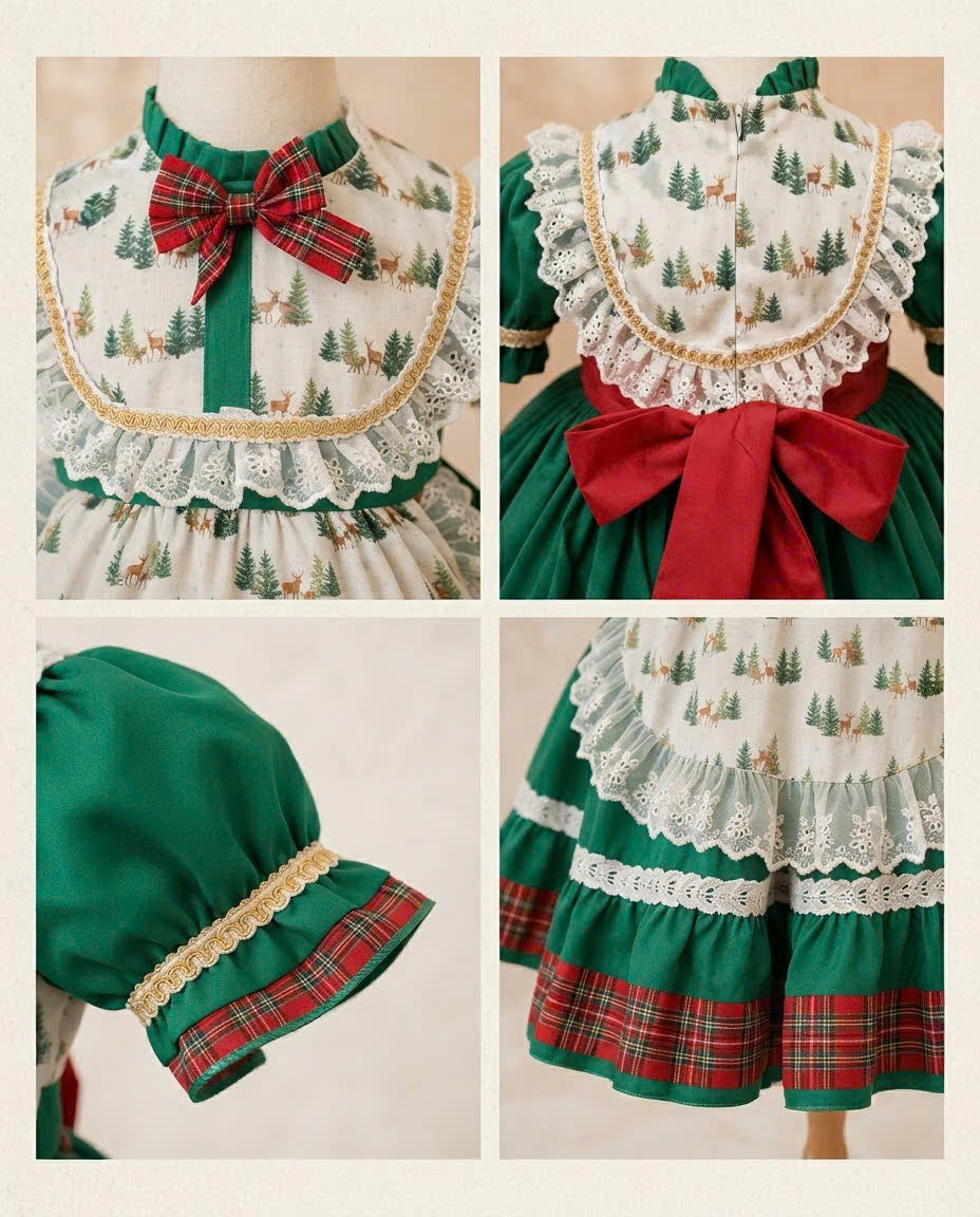 Holly Tartan Christmas Dress 1–6 Years | Girls Green Christmas Dress with Lace Apron & Matching Headband | Vintage Holiday Dress