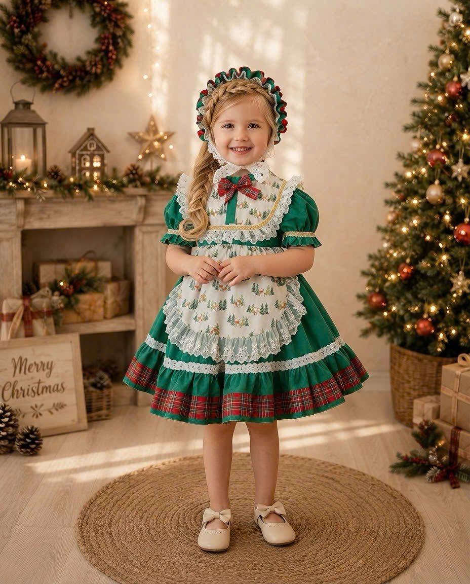 Holly Tartan Christmas Dress 1–6 Years | Girls Green Christmas Dress with Lace Apron & Matching Headband | Vintage Holiday Dress