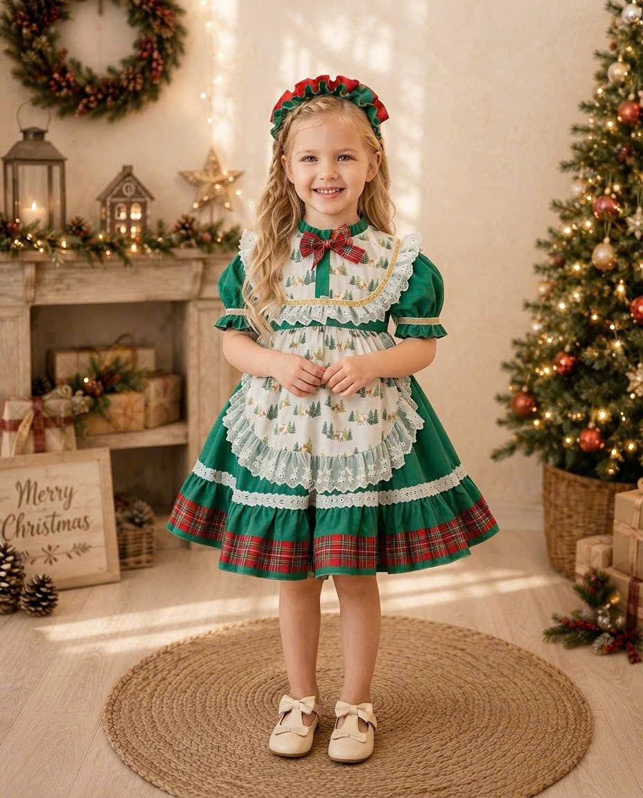 Holly Tartan Christmas Dress 1–6 Years | Girls Green Christmas Dress with Lace Apron & Matching Headband | Vintage Holiday Dress