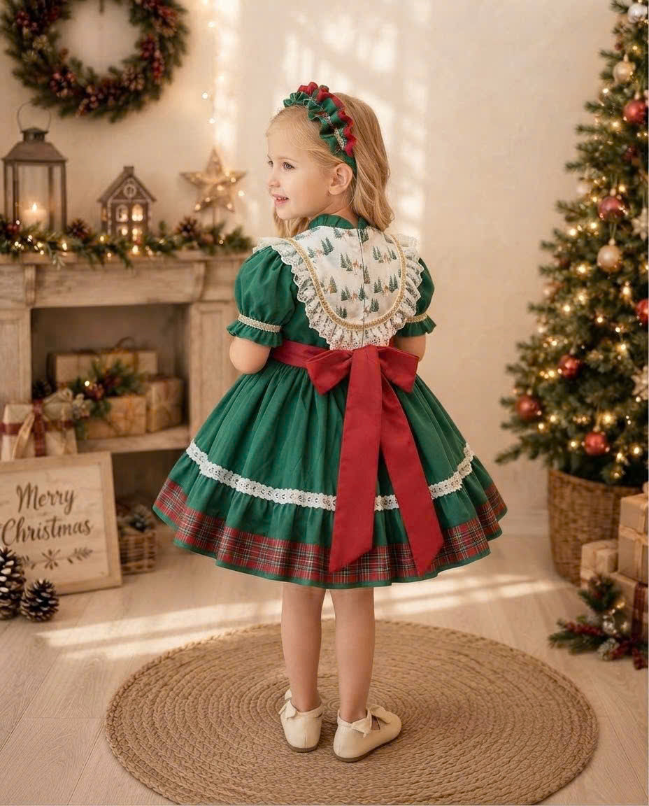 Holly Tartan Christmas Dress 1–6 Years | Girls Green Christmas Dress with Lace Apron & Matching Headband | Vintage Holiday Dress