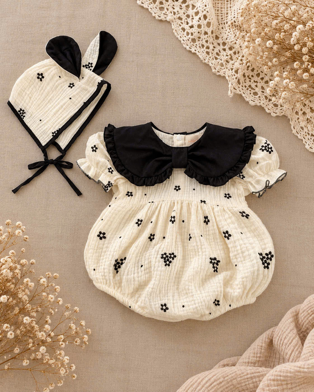 Ivory Noir Muslin Baby Romper Set 0–18 Months | Baby Girl Cotton Muslin Romper with Matching Bonnet | Black & Ivory Baby Outfit