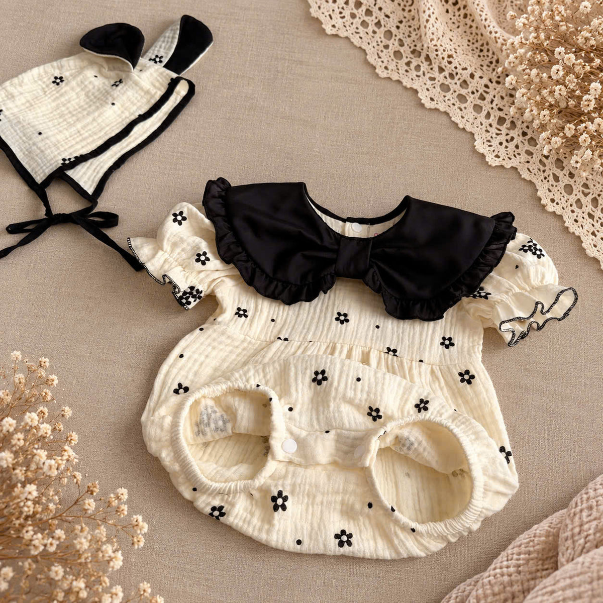 Ivory Noir Muslin Baby Romper Set 0–18 Months | Baby Girl Cotton Muslin Romper with Matching Bonnet | Black & Ivory Baby Outfit