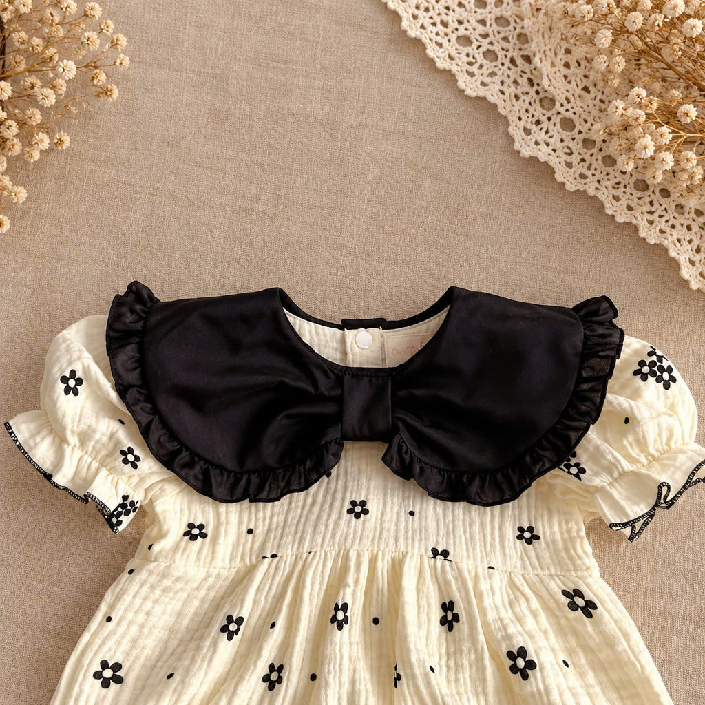 Ivory Noir Muslin Baby Romper Set 0–18 Months | Baby Girl Cotton Muslin Romper with Matching Bonnet | Black & Ivory Baby Outfit