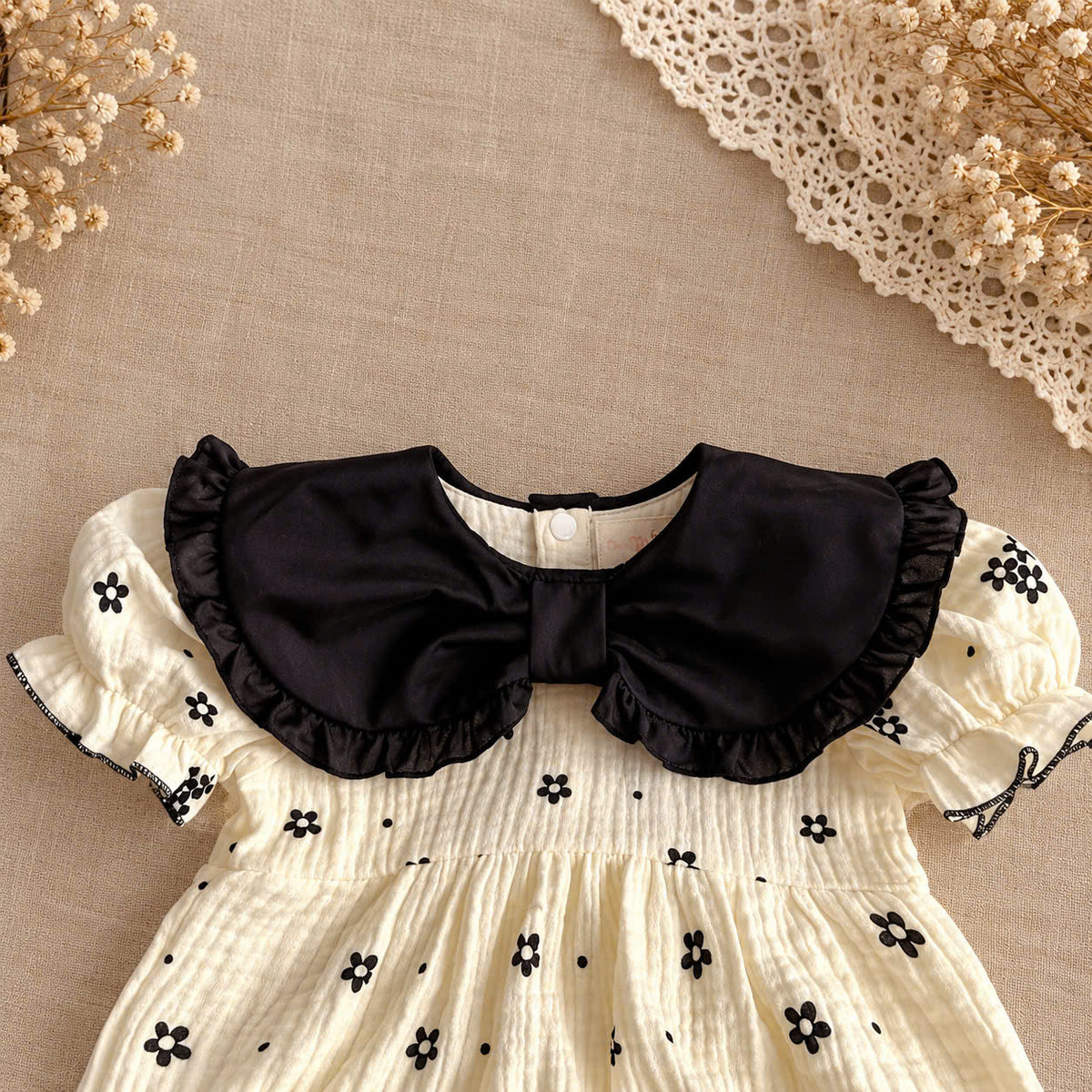 Ivory Noir Muslin Baby Romper Set 0–18 Months | Baby Girl Cotton Muslin Romper with Matching Bonnet | Black & Ivory Baby Outfit