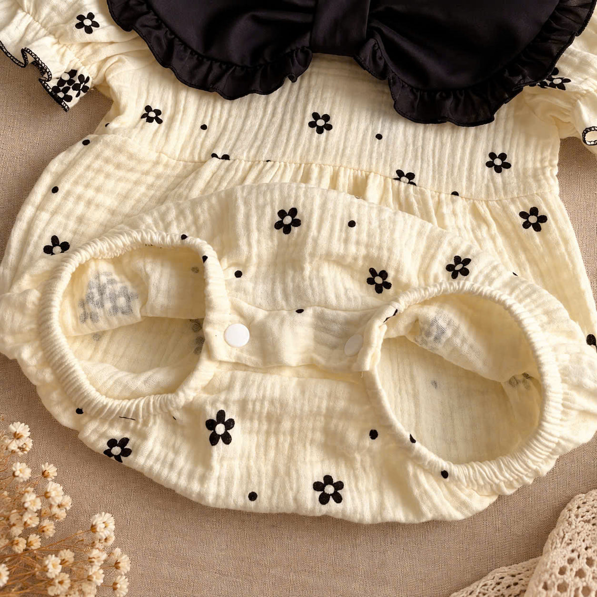 Ivory Noir Muslin Baby Romper Set 0–18 Months | Baby Girl Cotton Muslin Romper with Matching Bonnet | Black & Ivory Baby Outfit