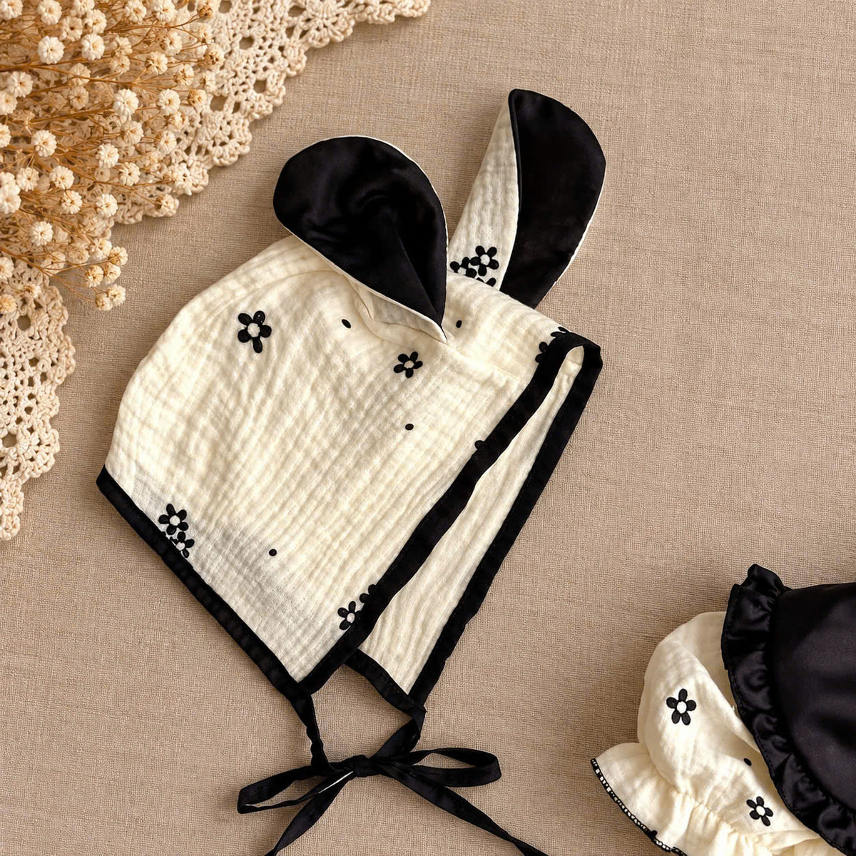 Ivory Noir Muslin Baby Romper Set 0–18 Months | Baby Girl Cotton Muslin Romper with Matching Bonnet | Black & Ivory Baby Outfit