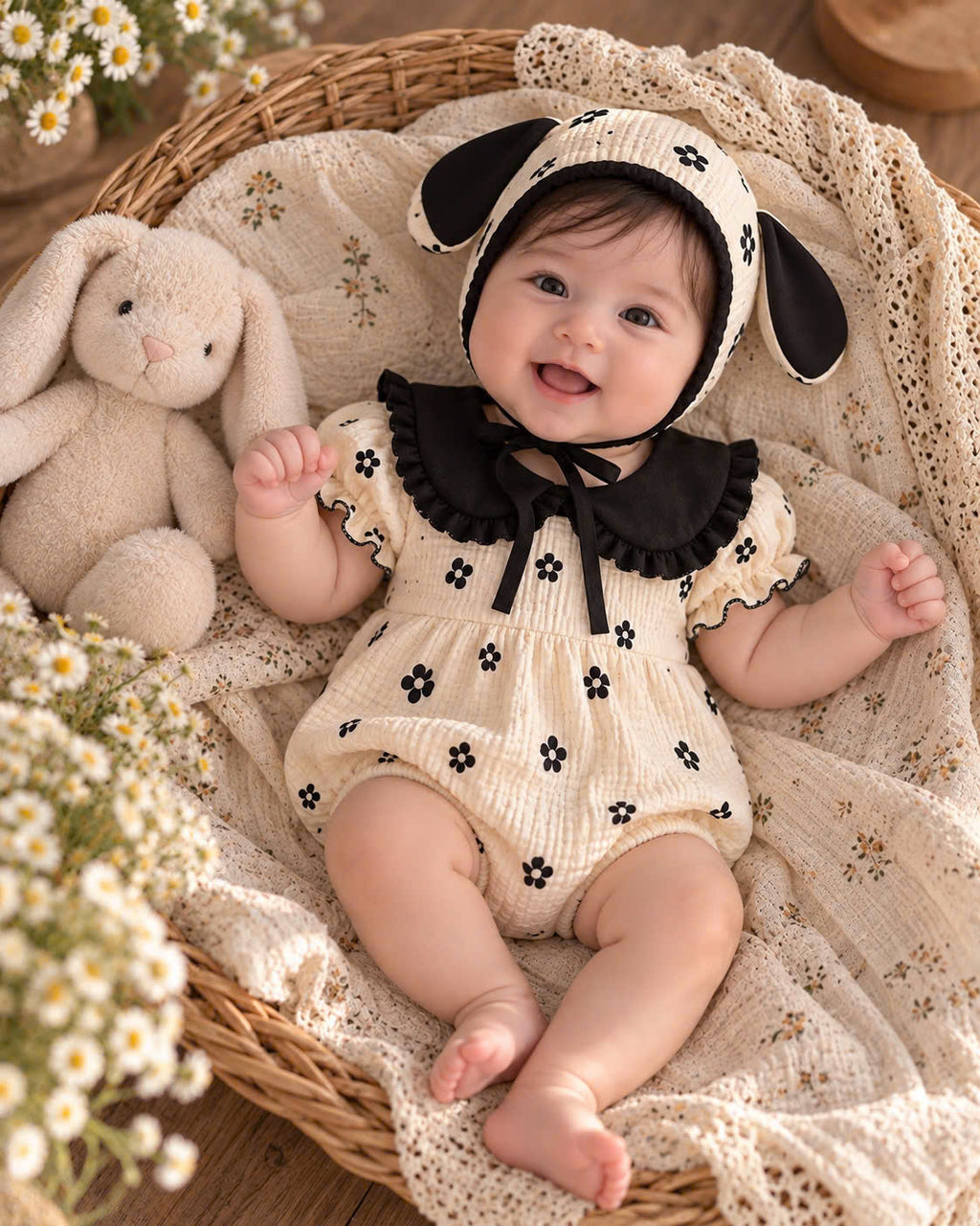 Ivory Noir Muslin Baby Romper Set 0–18 Months | Baby Girl Cotton Muslin Romper with Matching Bonnet | Black & Ivory Baby Outfit