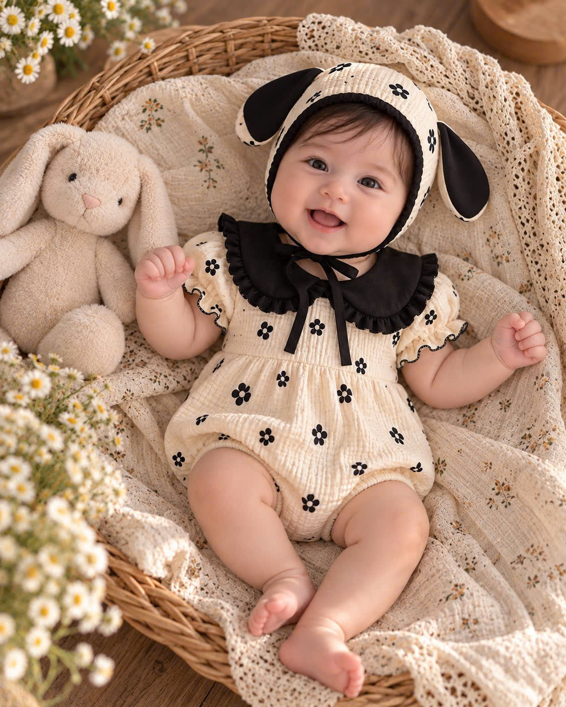 Ivory Noir Muslin Baby Romper Set 0–18 Months | Baby Girl Cotton Muslin Romper with Matching Bonnet | Black & Ivory Baby Outfit