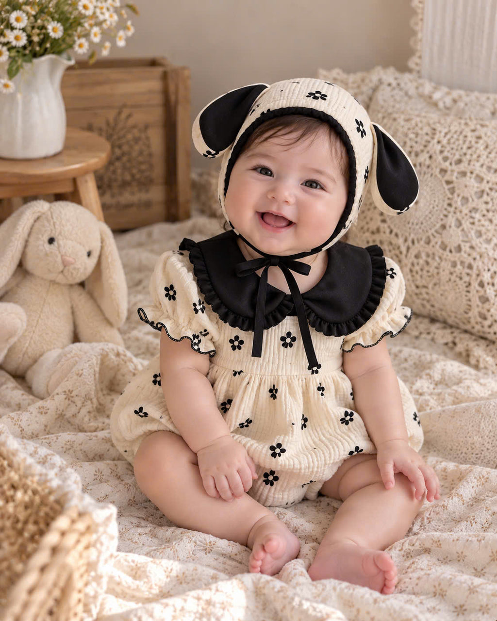 Ivory Noir Muslin Baby Romper Set 0–18 Months | Baby Girl Cotton Muslin Romper with Matching Bonnet | Black & Ivory Baby Outfit