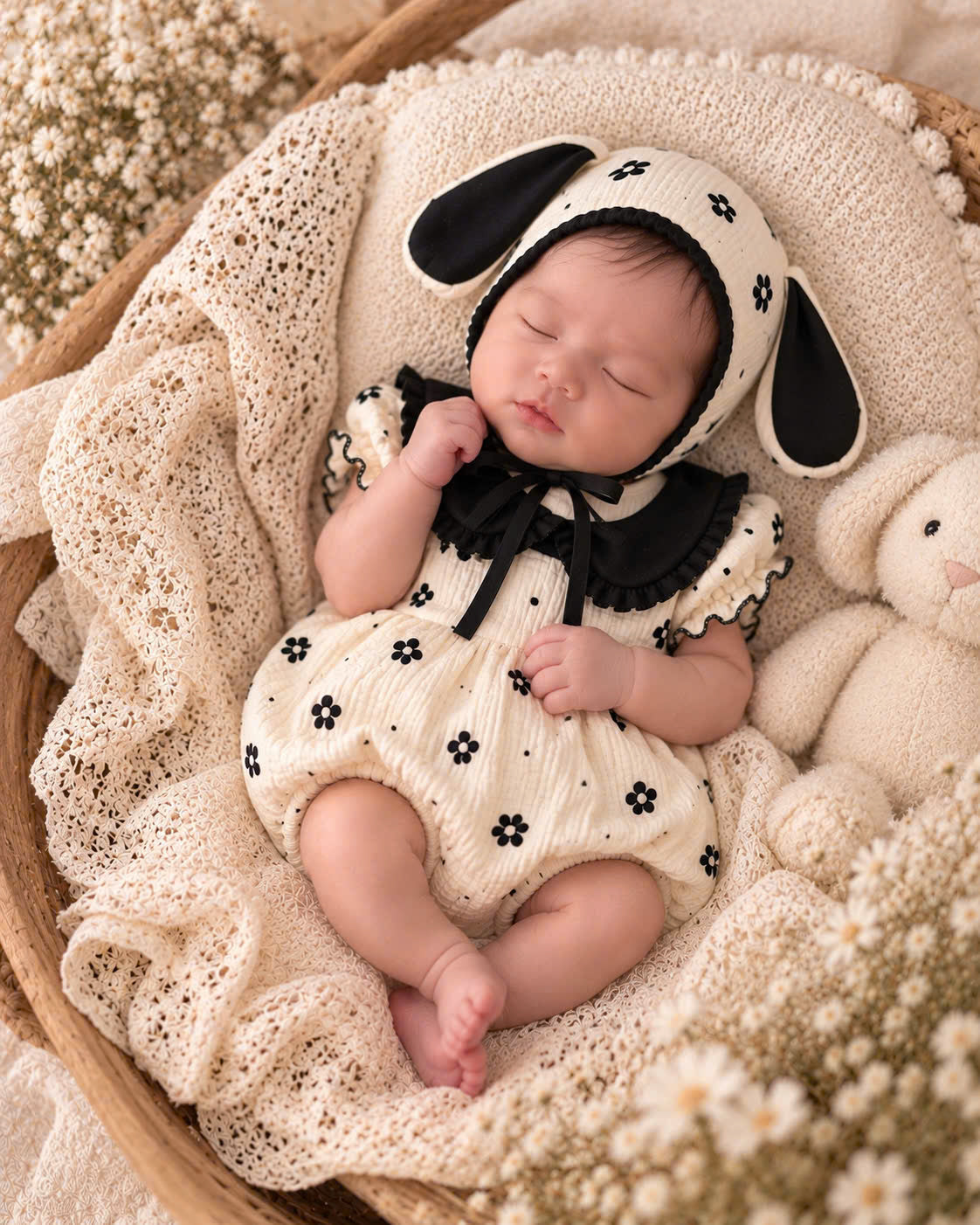 Ivory Noir Muslin Baby Romper Set 0–18 Months | Baby Girl Cotton Muslin Romper with Matching Bonnet | Black & Ivory Baby Outfit