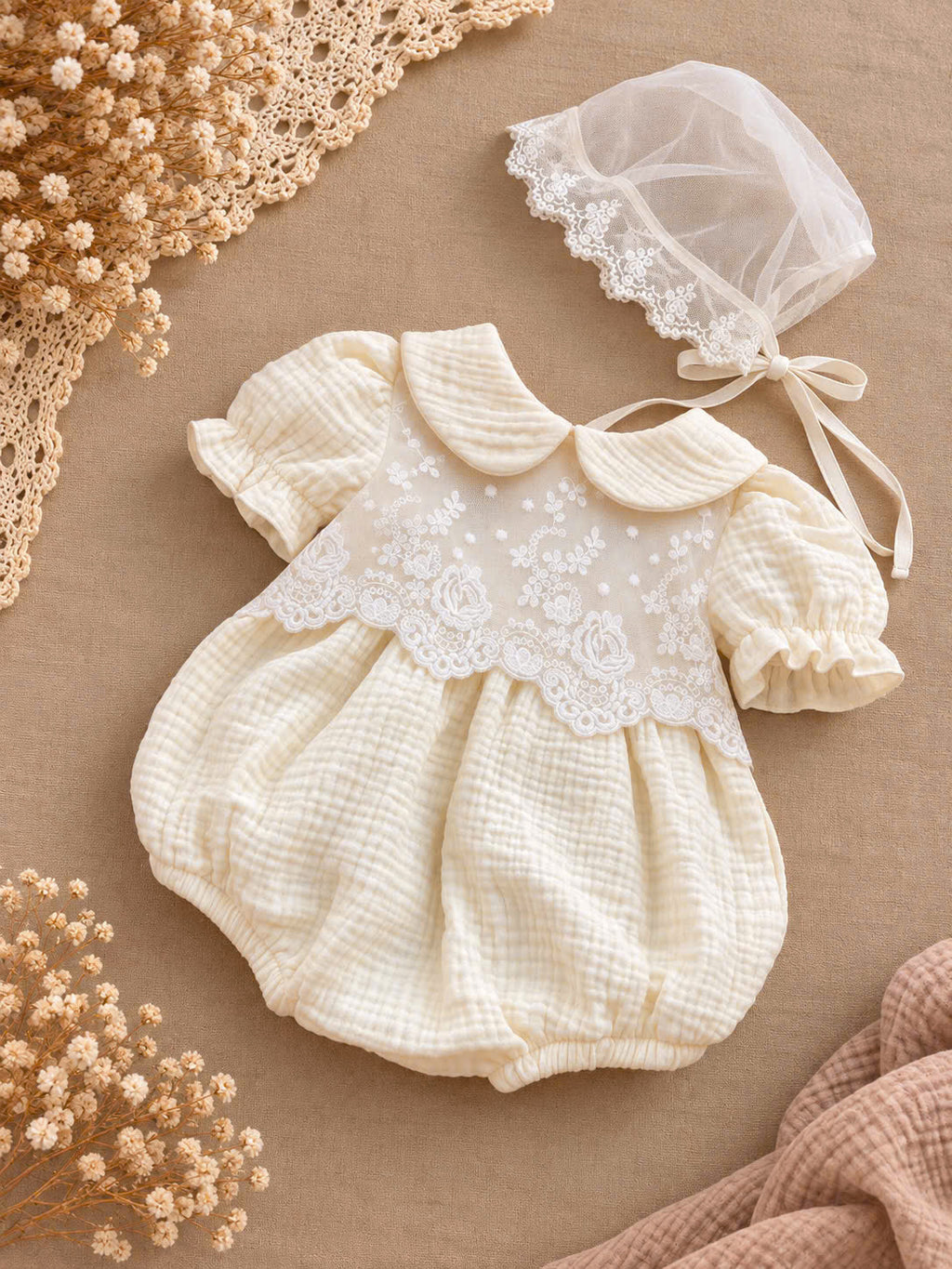Ivory Rose Muslin Baby Romper Set 0–12 Months | Baby Girl Cotton Muslin Romper with Embroidered Lace Bonnet | Vintage Baby Outfit