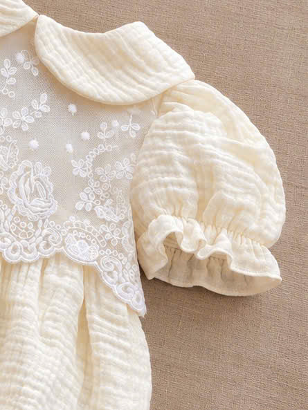 Ivory Rose Muslin Baby Romper Set 0–12 Months | Baby Girl Cotton Muslin Romper with Embroidered Lace Bonnet | Vintage Baby Outfit