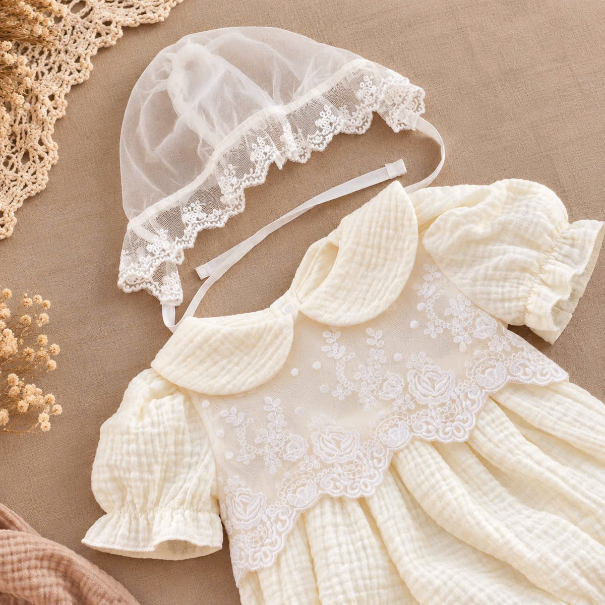 Ivory Rose Muslin Baby Romper Set 0–12 Months | Baby Girl Cotton Muslin Romper with Embroidered Lace Bonnet | Vintage Baby Outfit